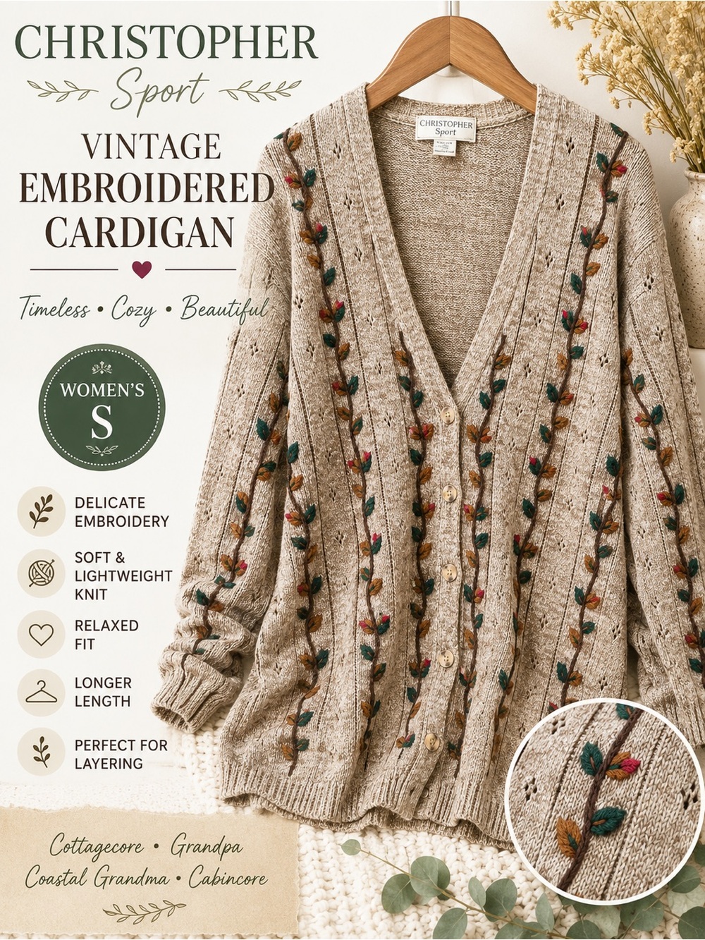 Christopher Sport Vintage Embroidered Floral Cardigan Cottagecore Women’s S